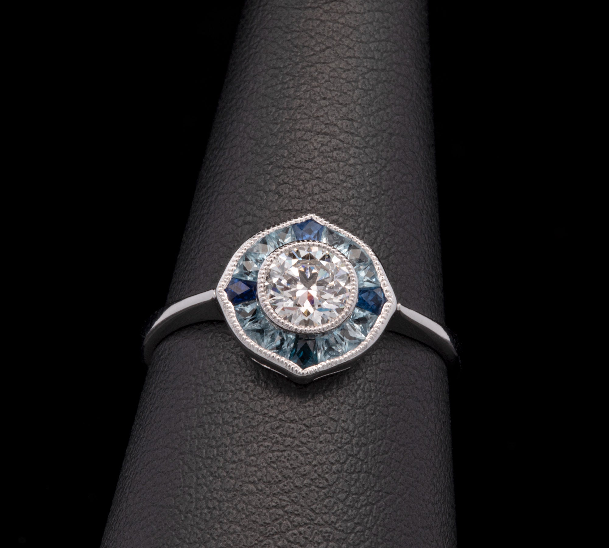 18K White Gold Aquamarine, Diamond, And Sapphire Target Cluster Ring