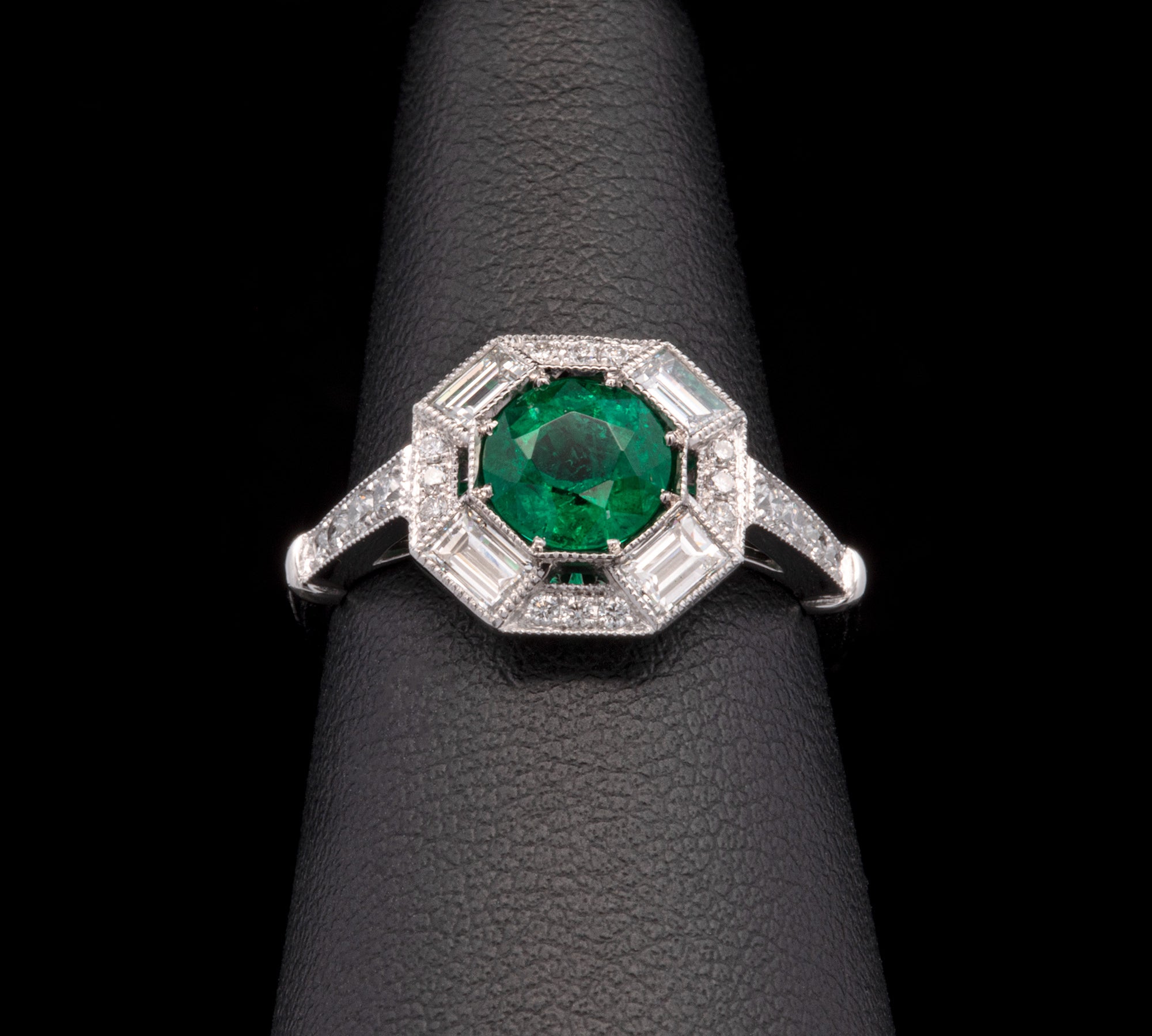 Platinum Round Emerald And Diamond Ring