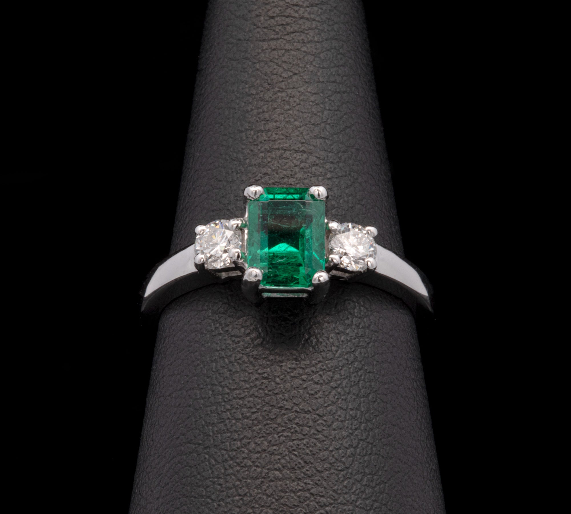 14K White Gold Emerald And Diamond Three Stone Ring