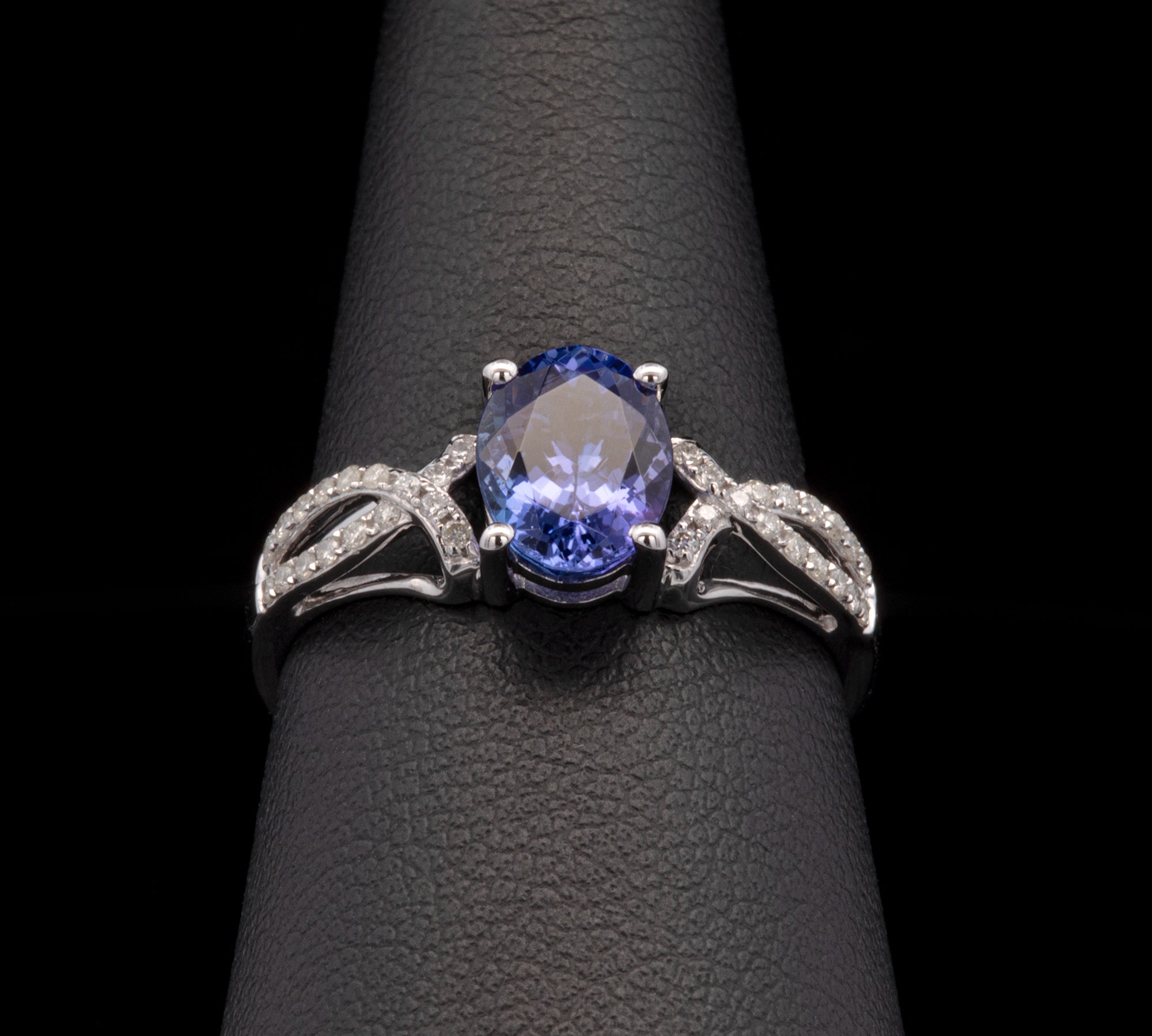 14K White Gold Tanzanite And Twisted Diamond Shank Ring