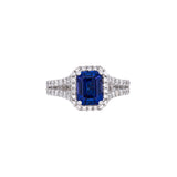 14K White Gold Emerald Cut Tanzanite And Diamond Halo Split Shank Ring