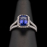 14K White Gold Emerald Cut Tanzanite And Diamond Halo Split Shank Ring