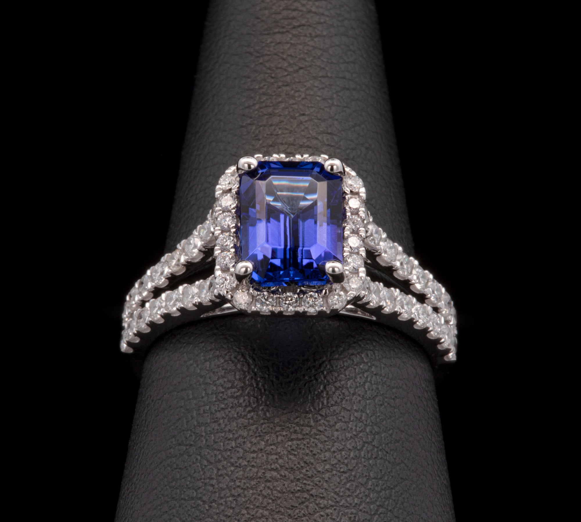 14K White Gold Emerald Cut Tanzanite And Diamond Halo Split Shank Ring