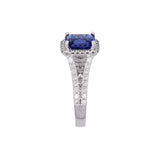 14K White Gold Emerald Cut Tanzanite And Diamond Halo Split Shank Ring