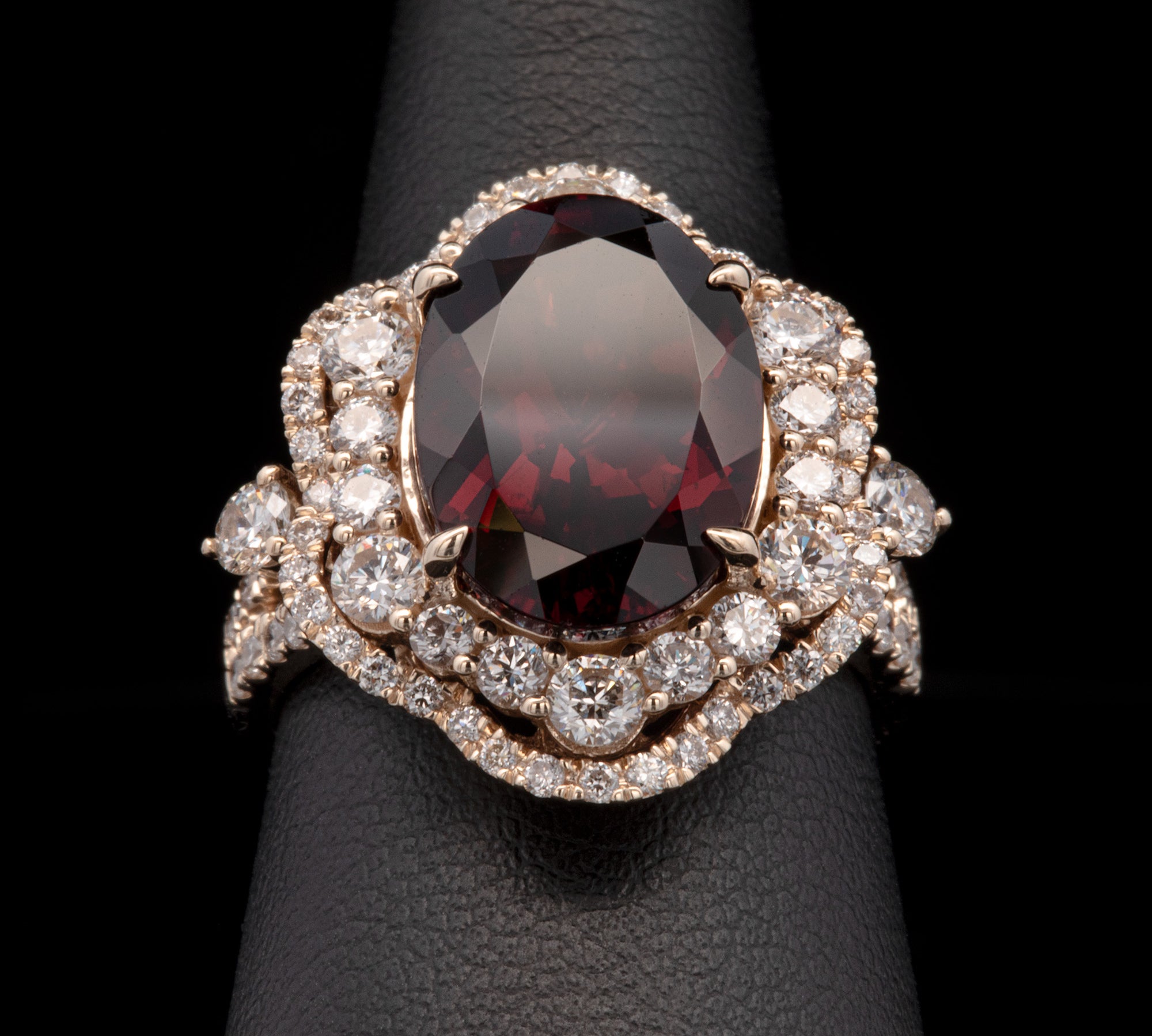 14K Yellow Gold Garnet And Double Diamond Halo Ring