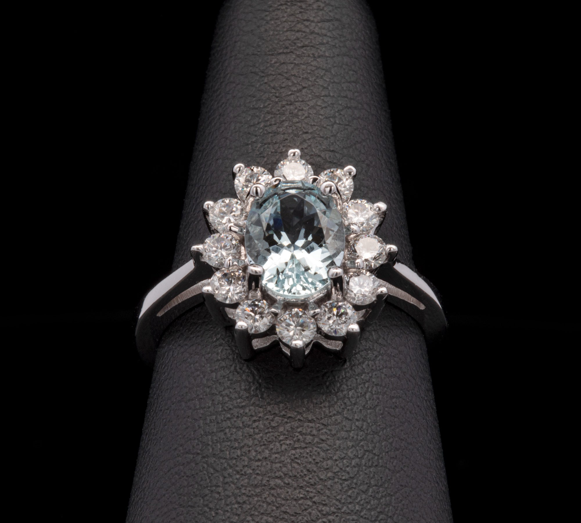 14K White Gold Oval Aquamarine And Diamond Halo Ring
