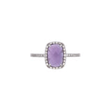14K White Gold Checker Board Amethyst And Diamond Halo Ring