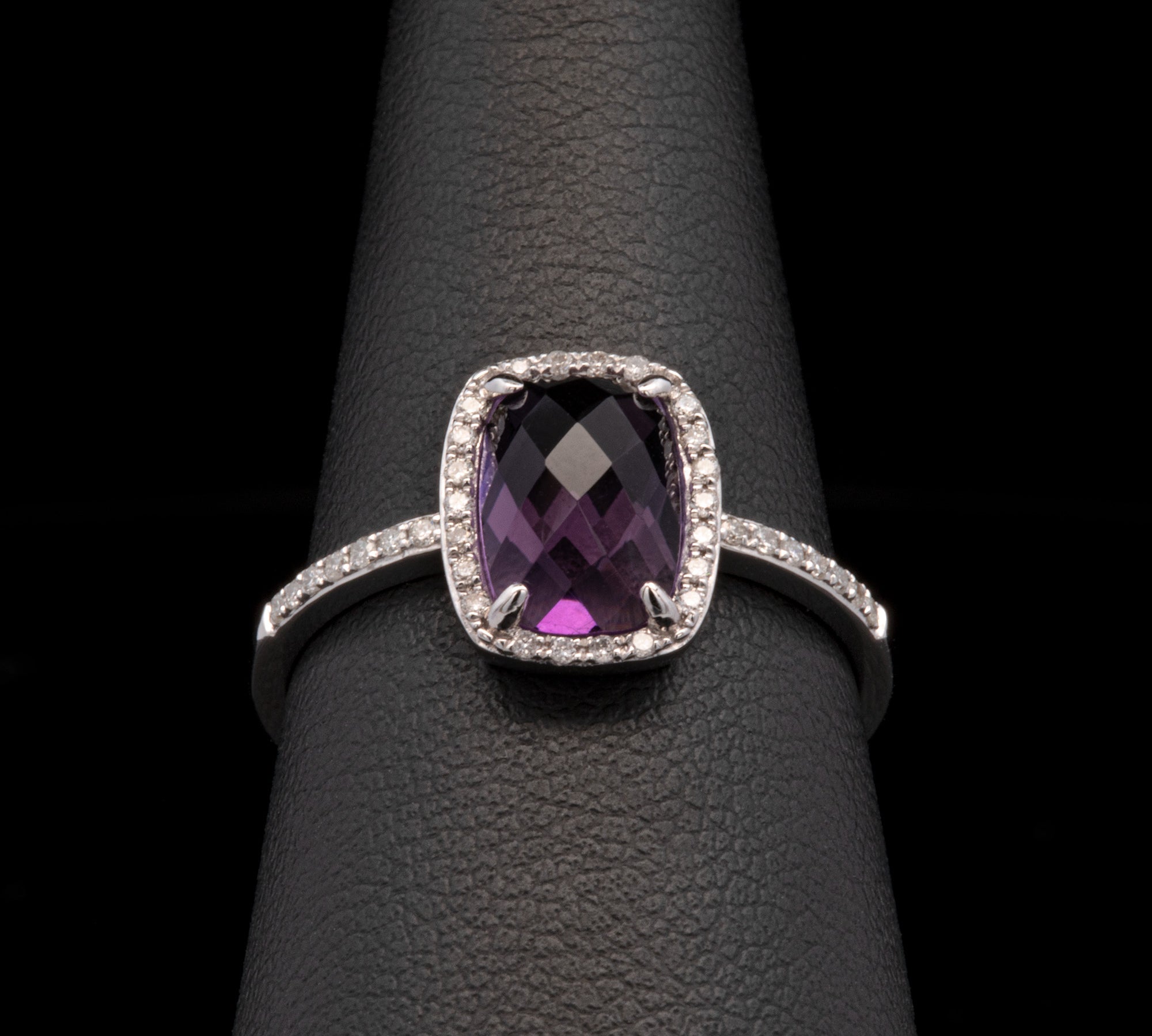 14K White Gold Checker Board Amethyst And Diamond Halo Ring