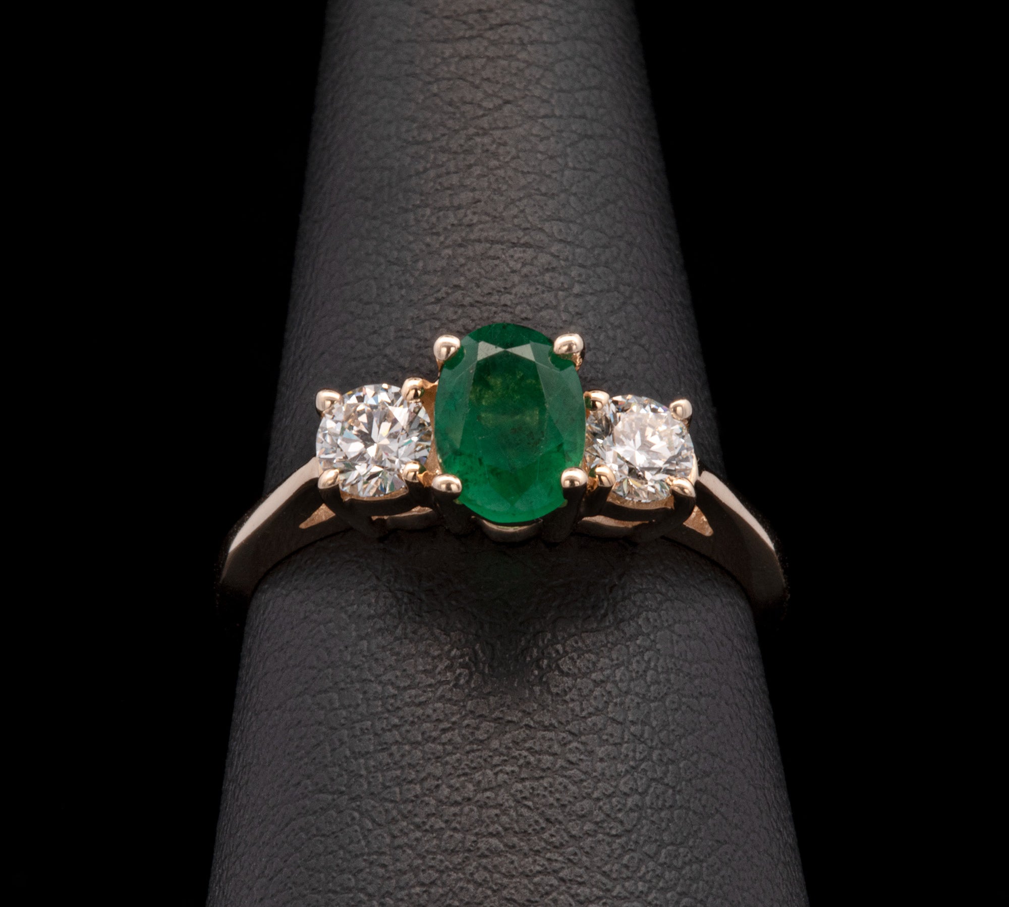 14K Yellow Gold Three Stone Emerald And Diamond Ring