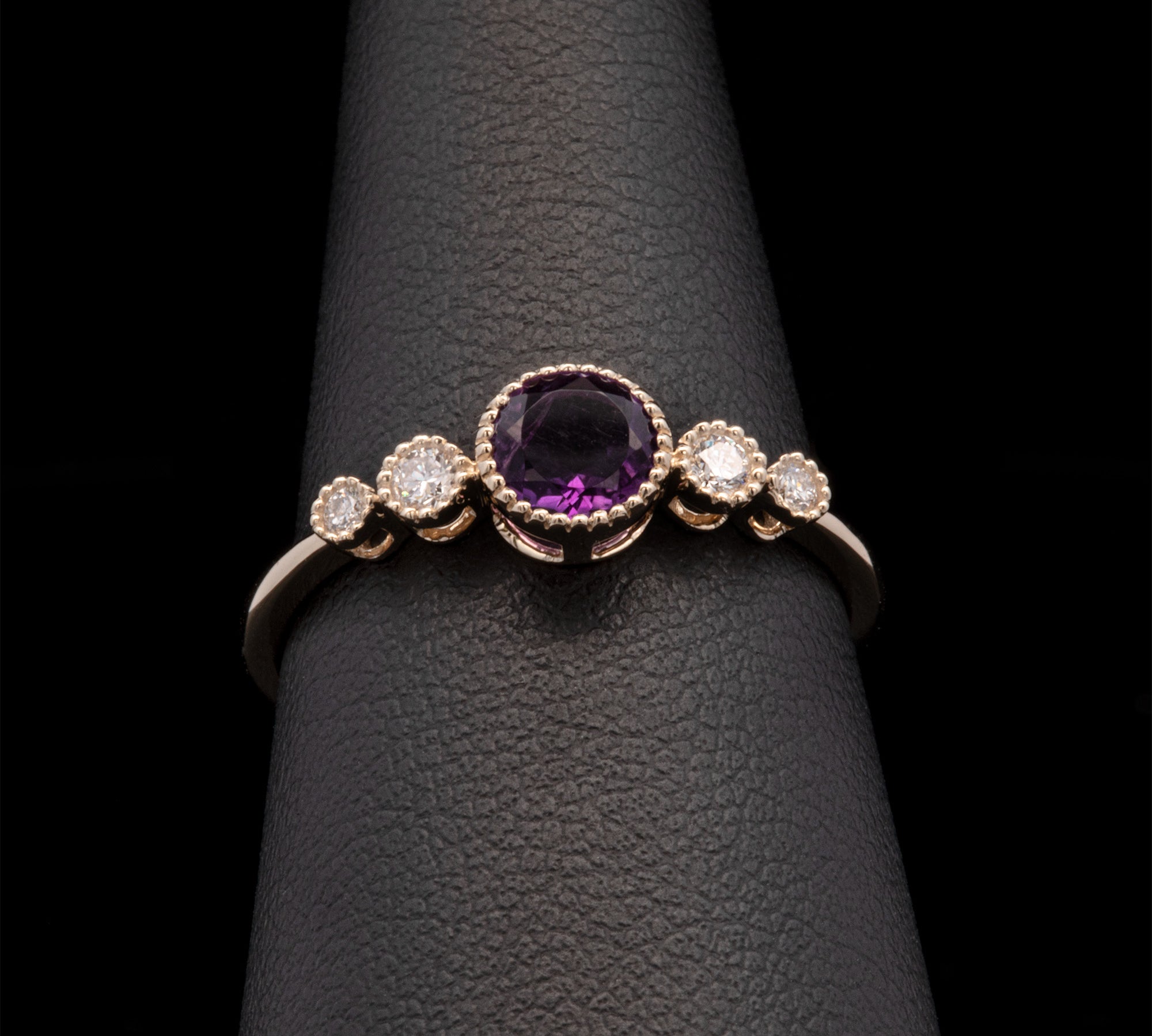 14K Yellow Gold Five Stone Amethyst And Diamond Ring