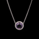 14K White Gold Amethyst And Diamond Halo Necklace, 18 Inches