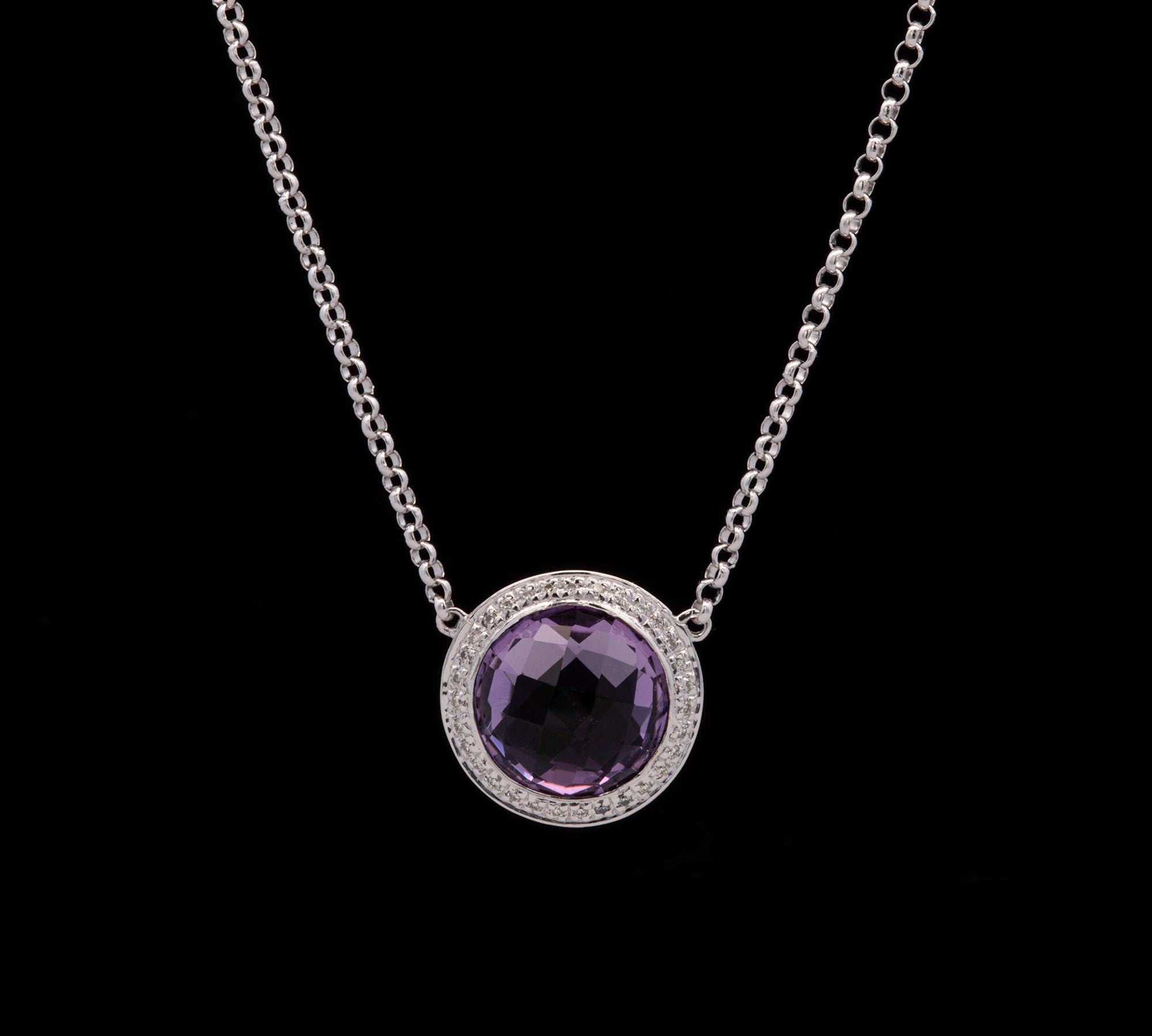 14K White Gold Amethyst And Diamond Halo Necklace, 18 Inches