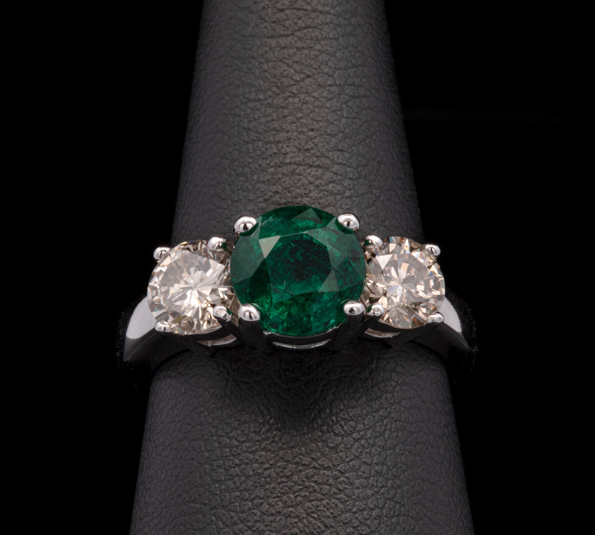 14K White Gold Emerald And Diamond Three Stone Ring
