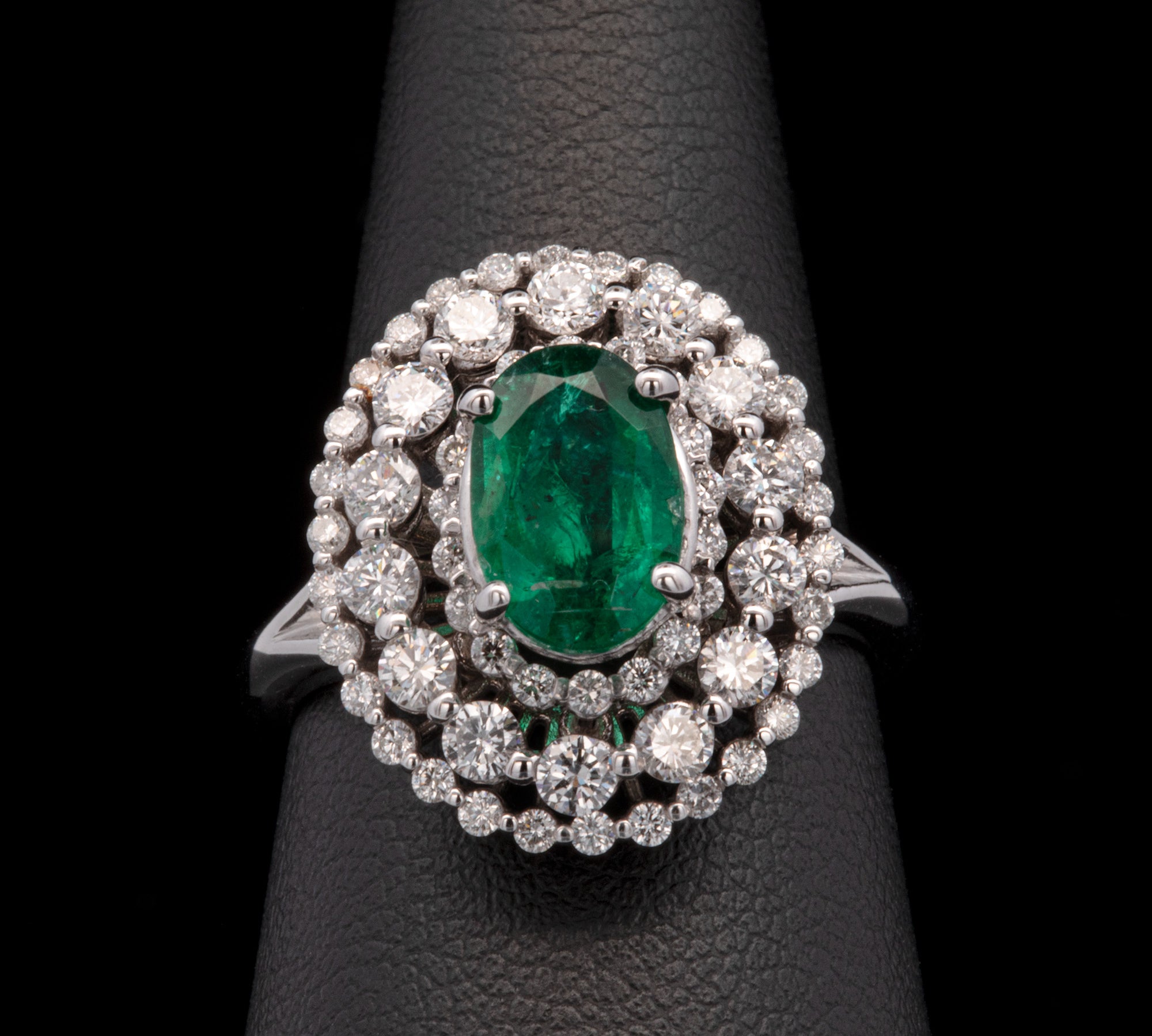 14K White Gold Emerald And Triple Diamond Halo Ring