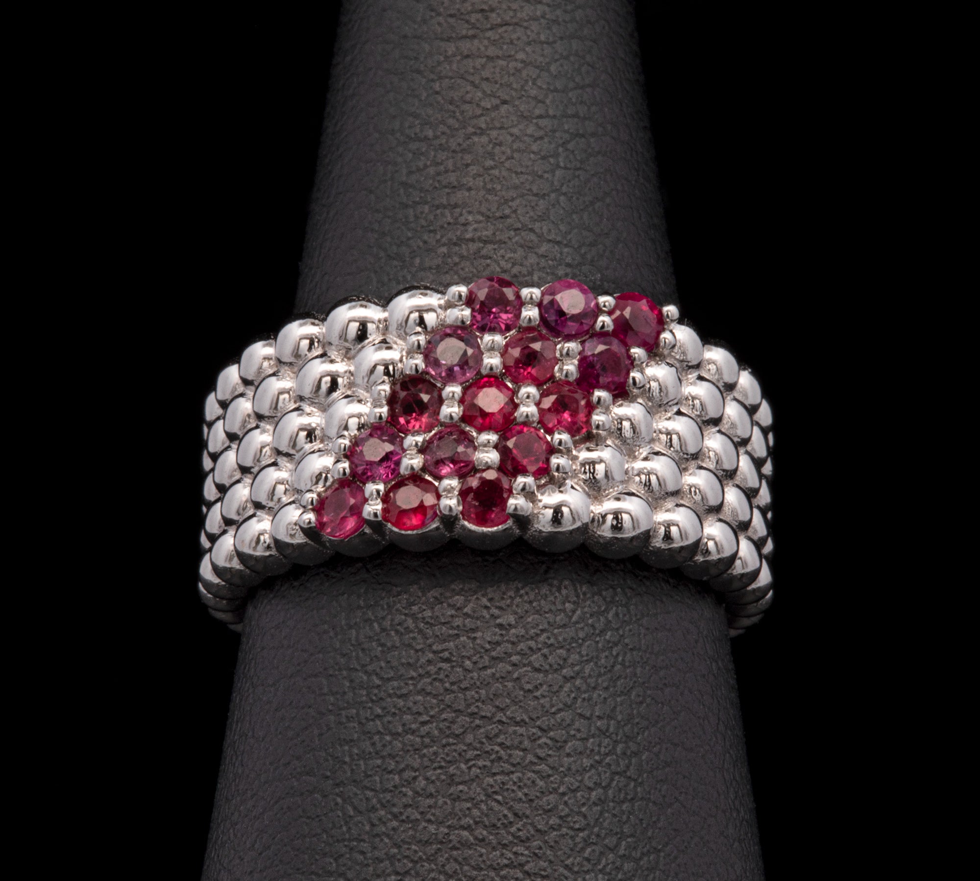 14K White Gold Wide Beaded Band With Rubies