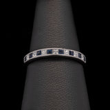 18K White Gold Channel Set Princess Cut Sapphire And Diamond Half Eternity Band With Milgrain Edge