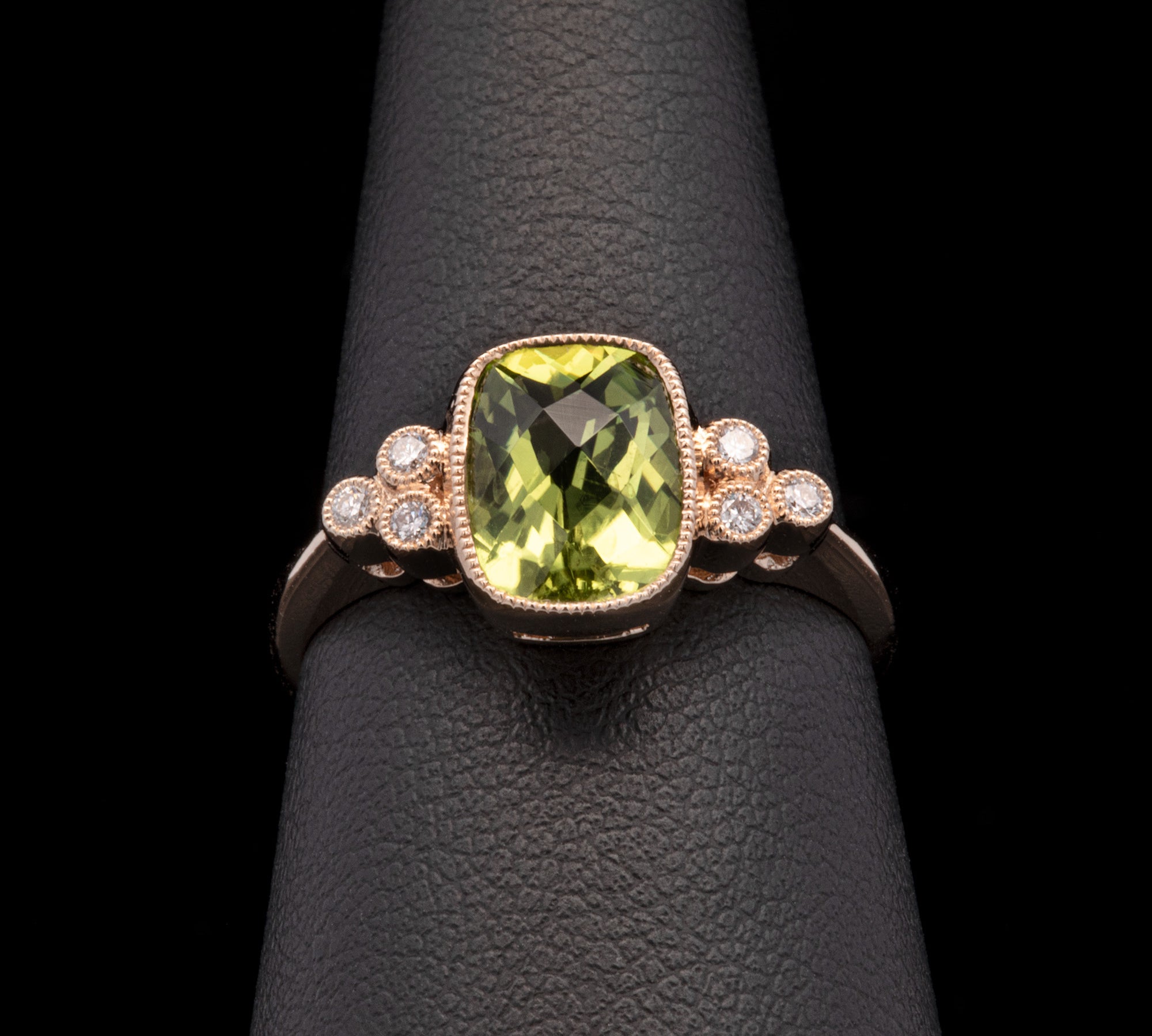 14K Yellow Gold Cushion Cut Peridot And Diamond Ring