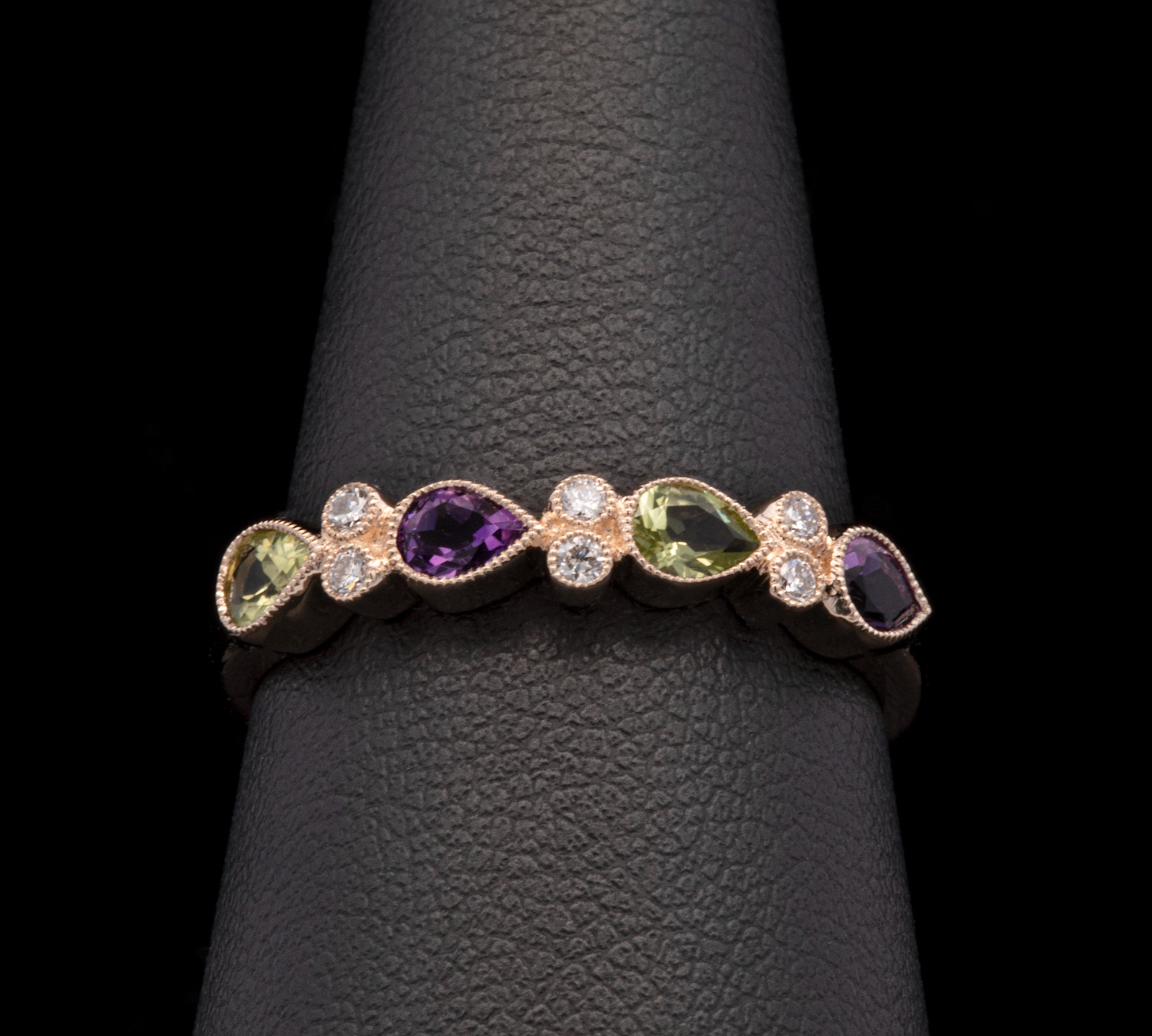 14K Yellow Gold Pear Shaped Amethyst, Peridot And Diamond Band