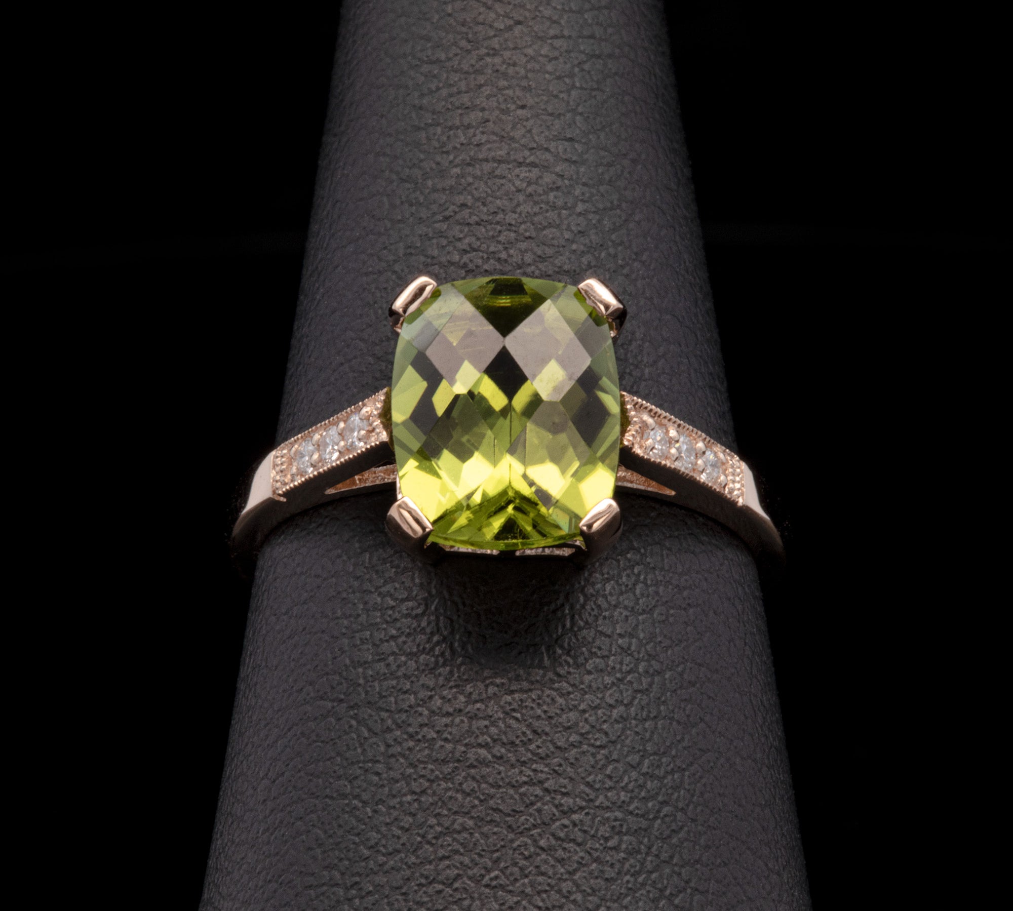 14K Yellow Gold Cushion Cut Peridot And Diamond Rings
