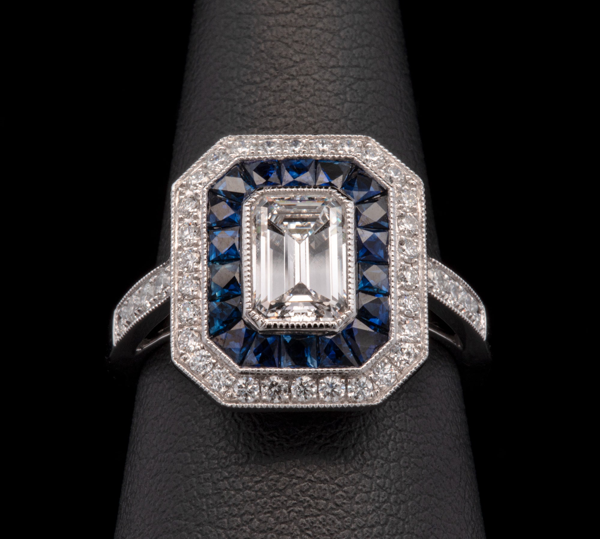 Platinum Emerald Cut Diamond And Sapphire Ring