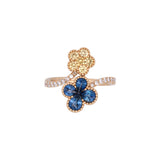 18K Yellow Gold Blue And Yellow Sapphire Flower Ring With Diamond Accents