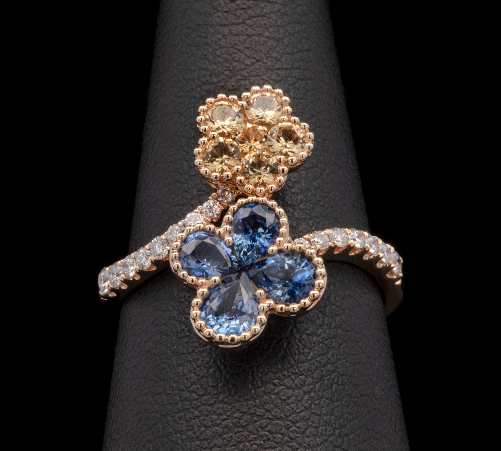 18K Yellow Gold Blue And Yellow Sapphire Flower Ring With Diamond Accents