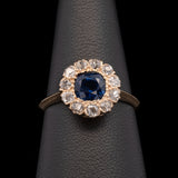 18K Yellow Gold Victorian No Heat Pailin Sapphire And Diamond Halo Fishtail Set Cluster Ring