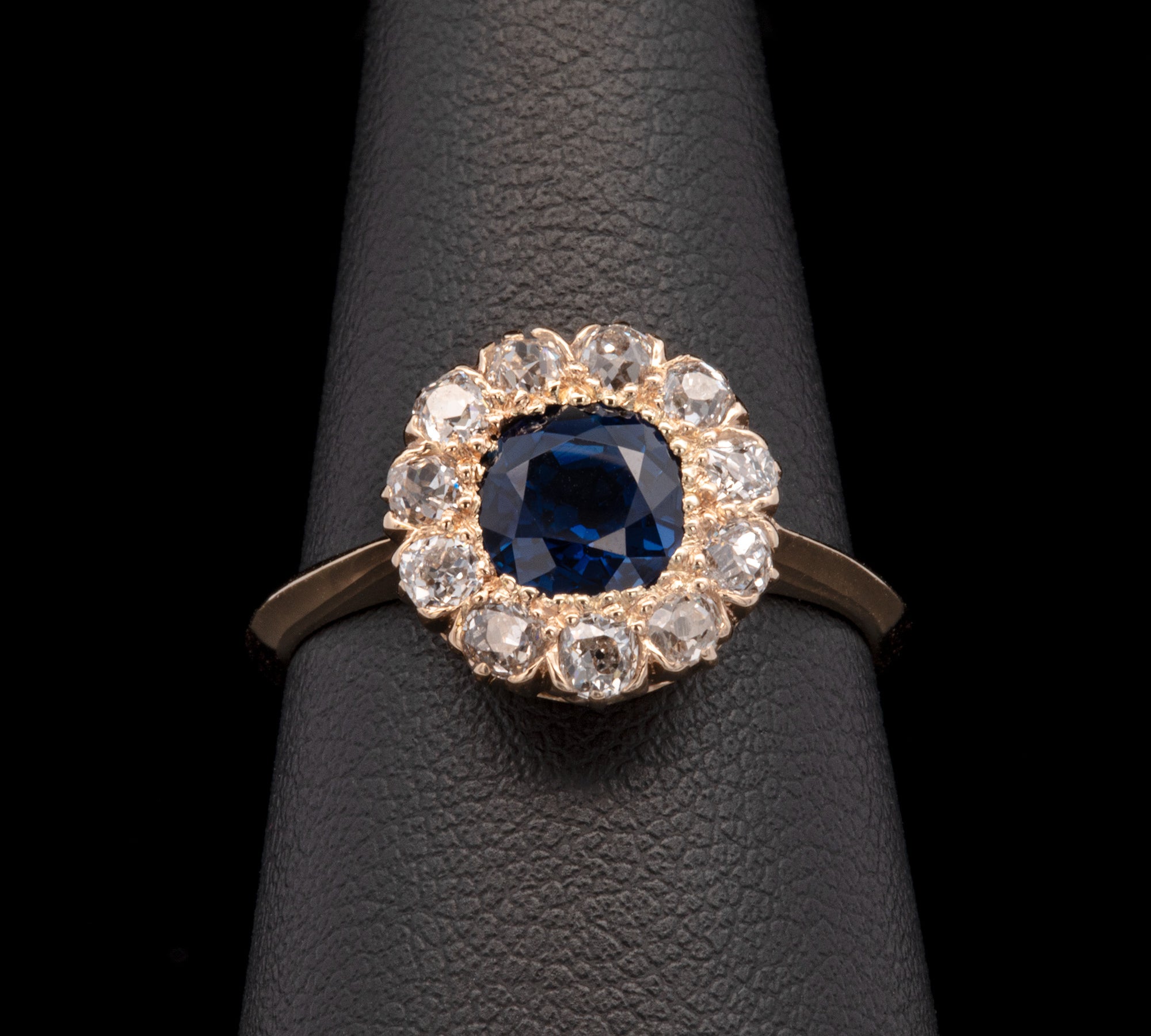 18K Yellow Gold Victorian No Heat Pailin Sapphire And Diamond Halo Fishtail Set Cluster Ring