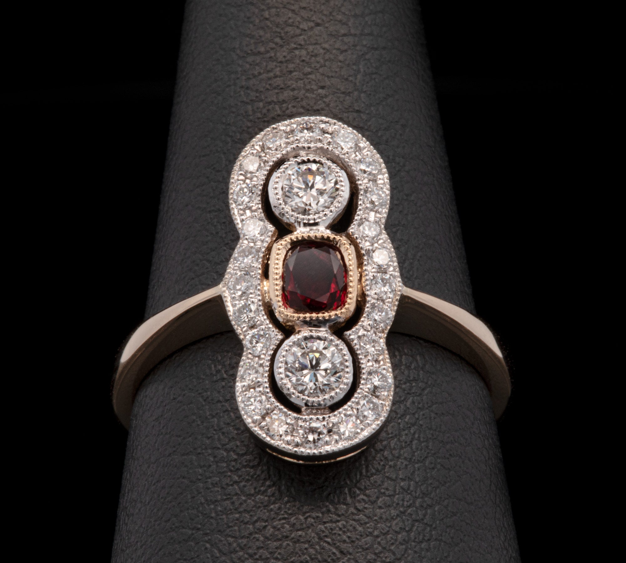 18K Yellow And White Gold Ruby And Diamond Shield Ring
