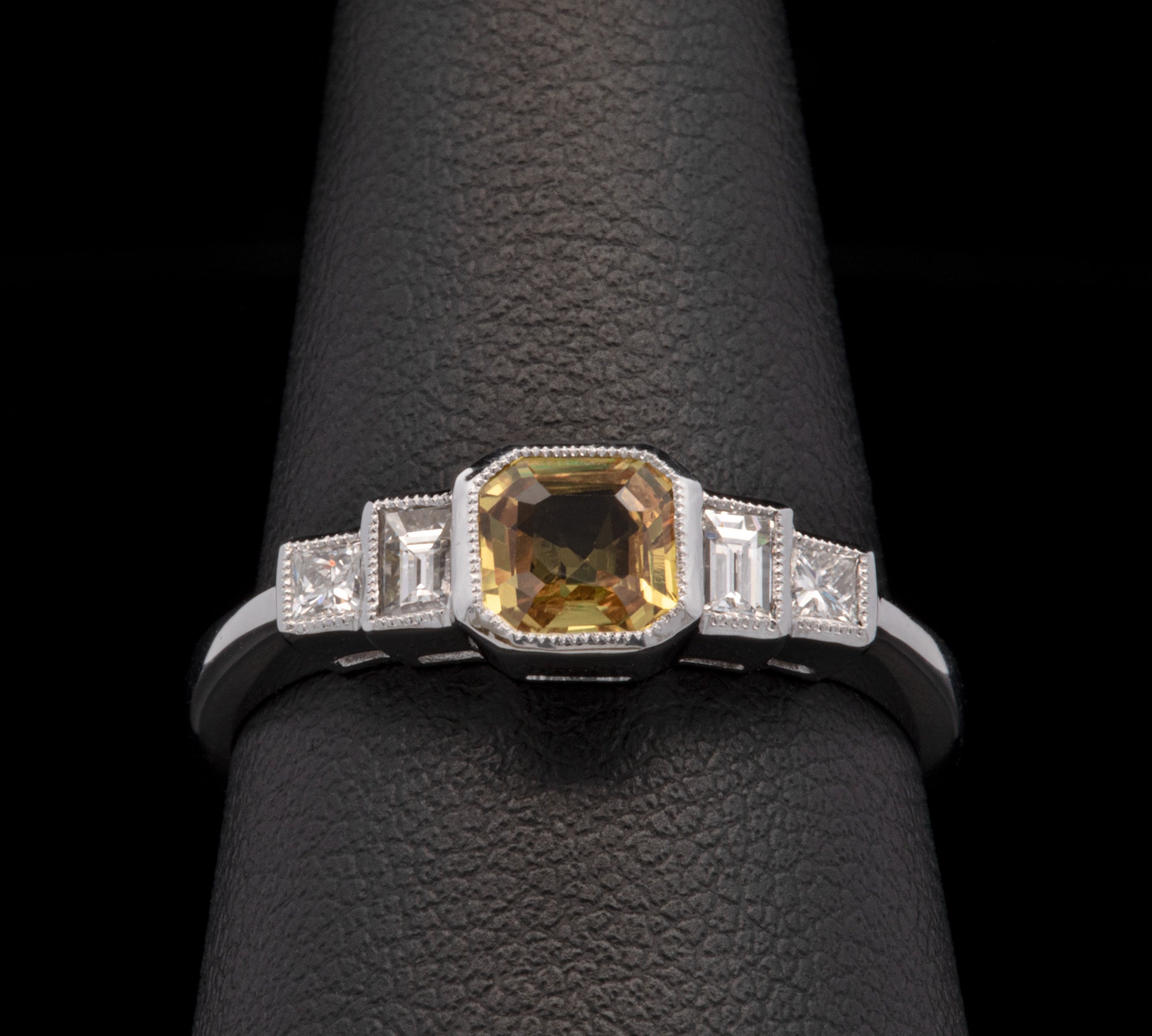 18K White Gold Bezel Set Yellow Sapphire And Diamond Ring