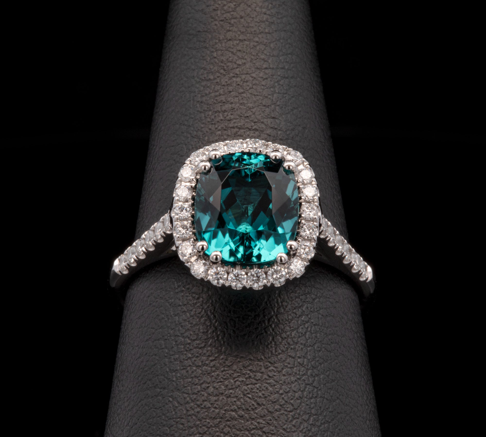 Platinum Indicolite Tourmaline And Diamond Halo Ring