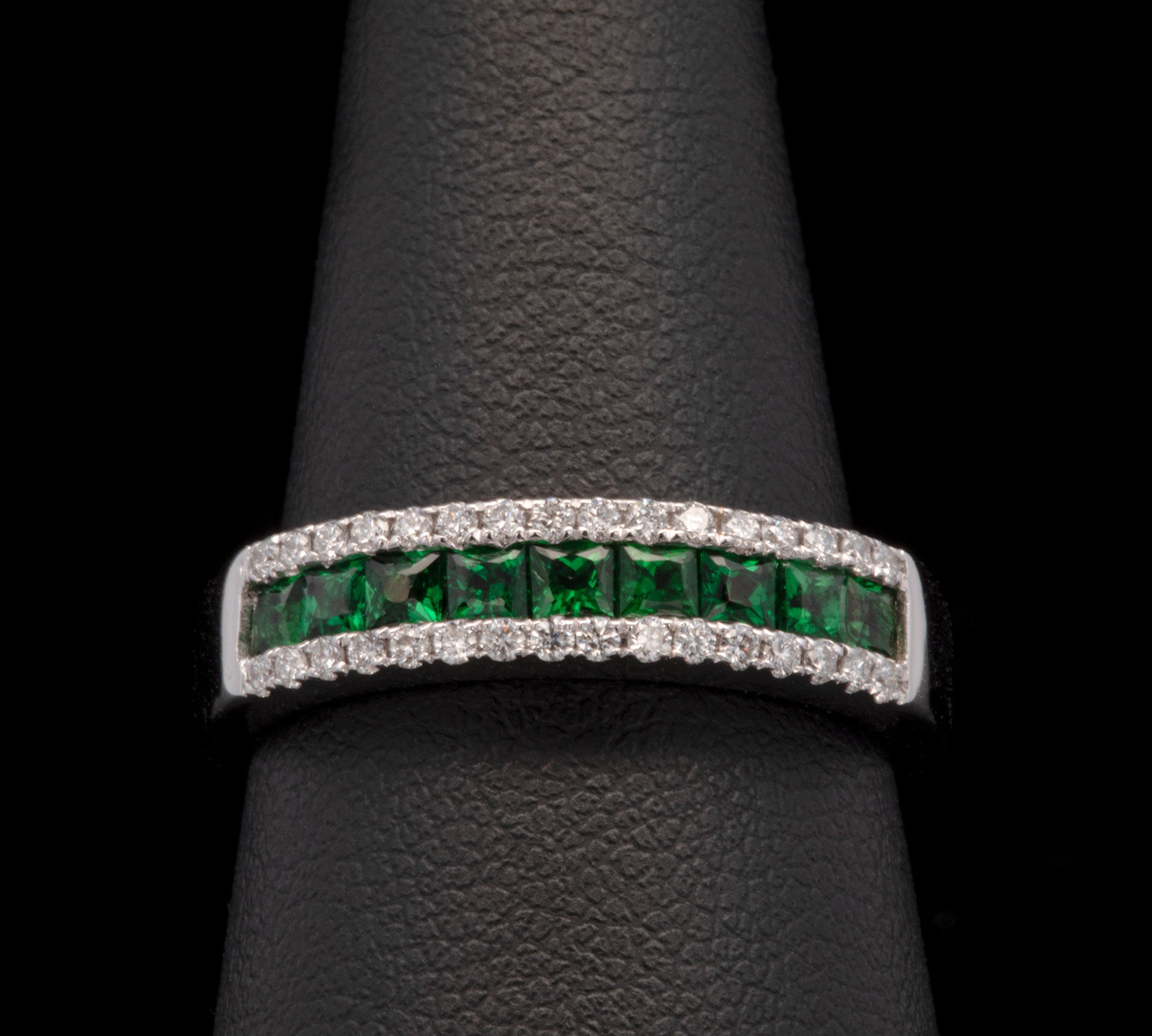 14K White Gold Channel Set Square Cut Tsavorite Garnet And Diamond Ring