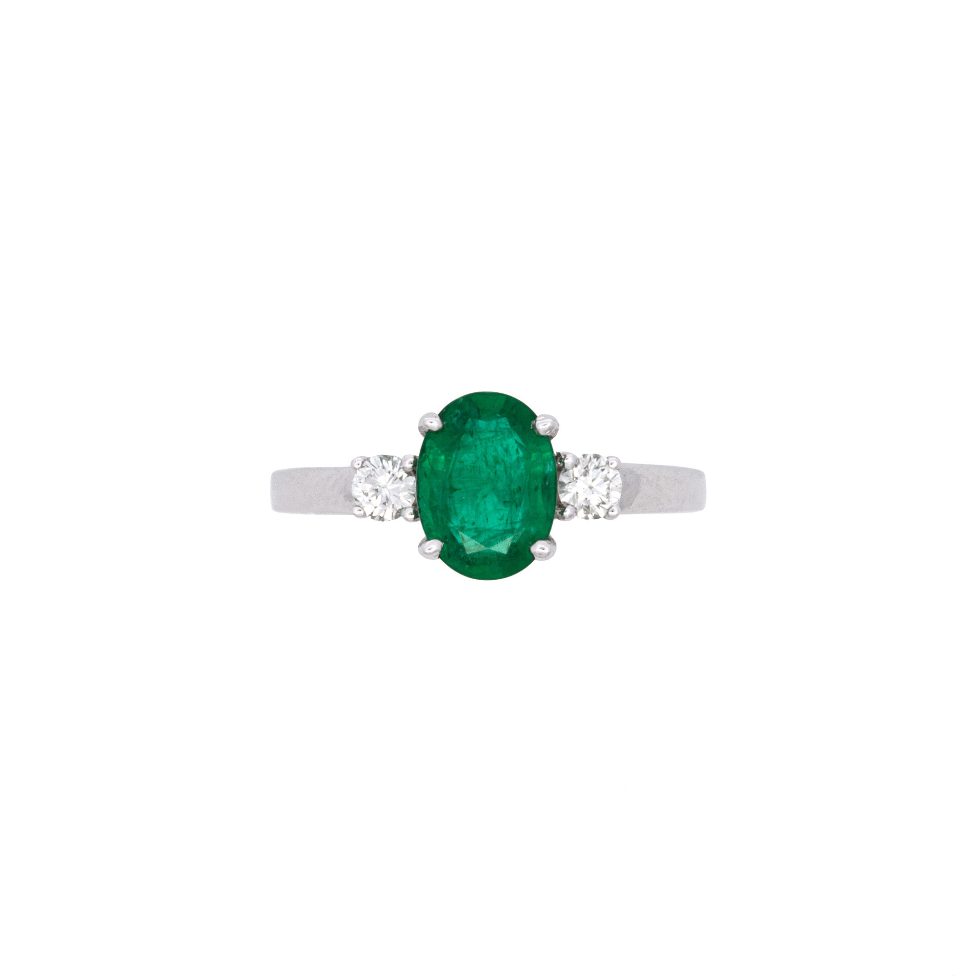 White Gold Emerald And Diamond Three Stone Ring