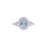 14K White Gold Oval Aquamarine And Double Diamond Halo Ring