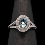 14K White Gold Oval Aquamarine And Double Diamond Halo Ring