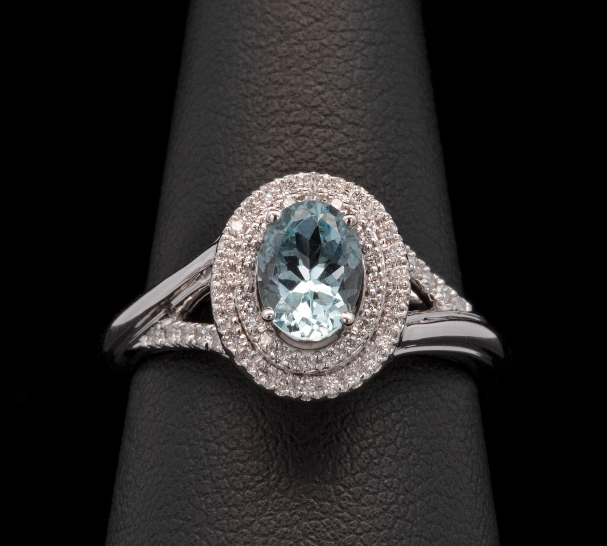 14K White Gold Oval Aquamarine And Double Diamond Halo Ring