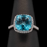 14K White Gold Blue Topaz And Diamond Halo Ring