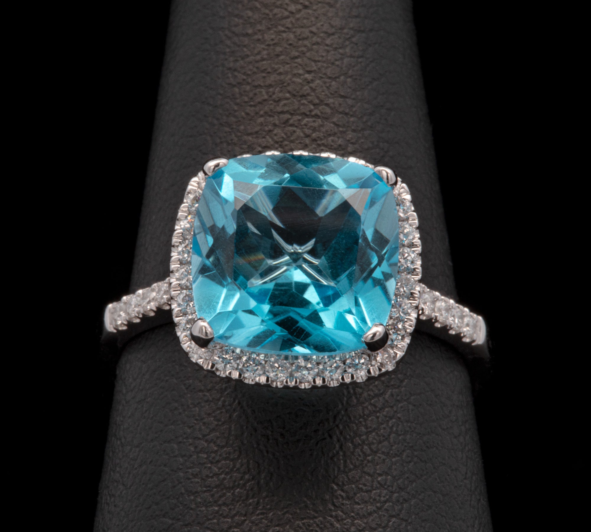14K White Gold Blue Topaz And Diamond Halo Ring
