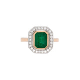 18K Yellow And White Gold Bezel Set Emerald Ring With Diamond Halo