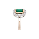 18K Yellow And White Gold Bezel Set Emerald Ring With Diamond Halo