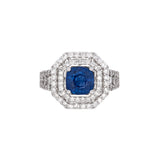 18K White Gold Square Cushion Cut Sapphire And Double Diamond Halo Ring