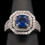18K White Gold Square Cushion Cut Sapphire And Double Diamond Halo Ring