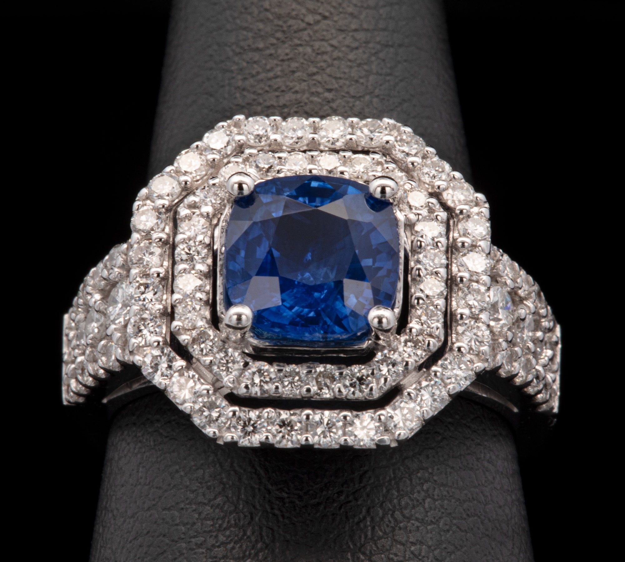18K White Gold Square Cushion Cut Sapphire And Double Diamond Halo Ring