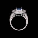 18K White Gold Square Cushion Cut Sapphire And Double Diamond Halo Ring