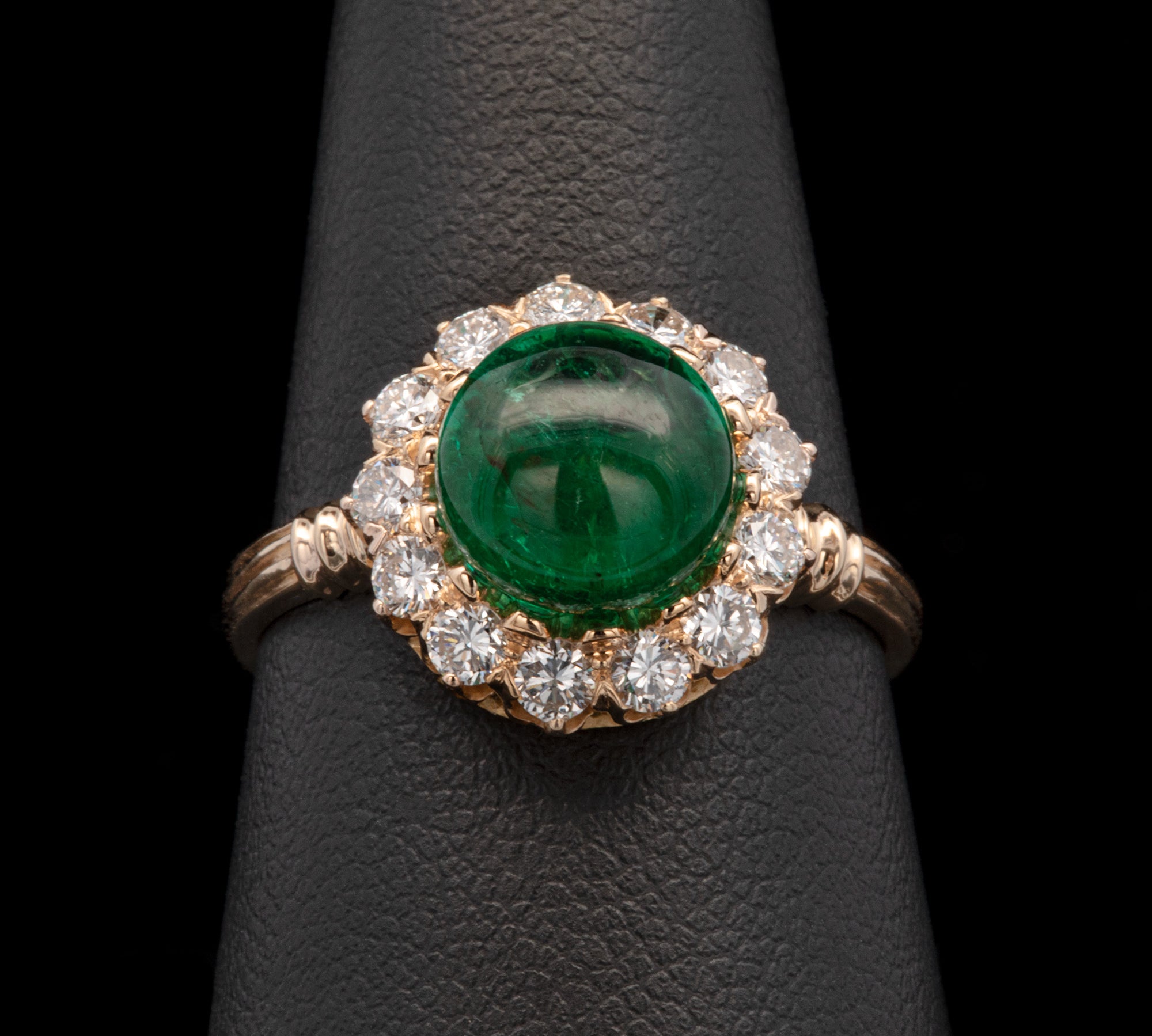 18K Yellow Gold Cabochon Emerald And Diamond Halo Ring