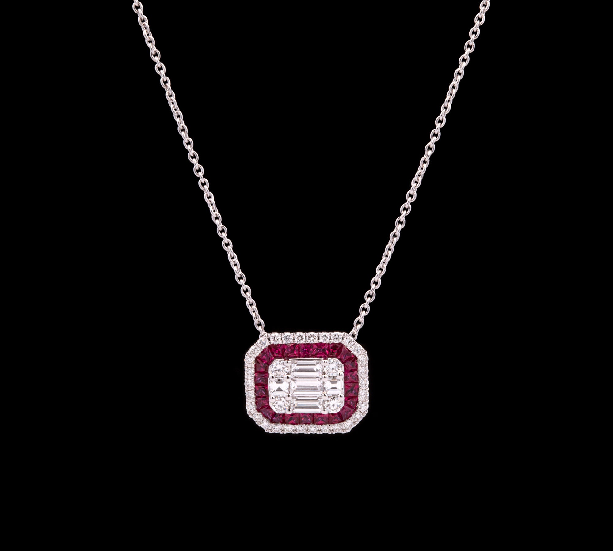 18K White Gold Diamond And Ruby Pendant With 16 Inch Chain