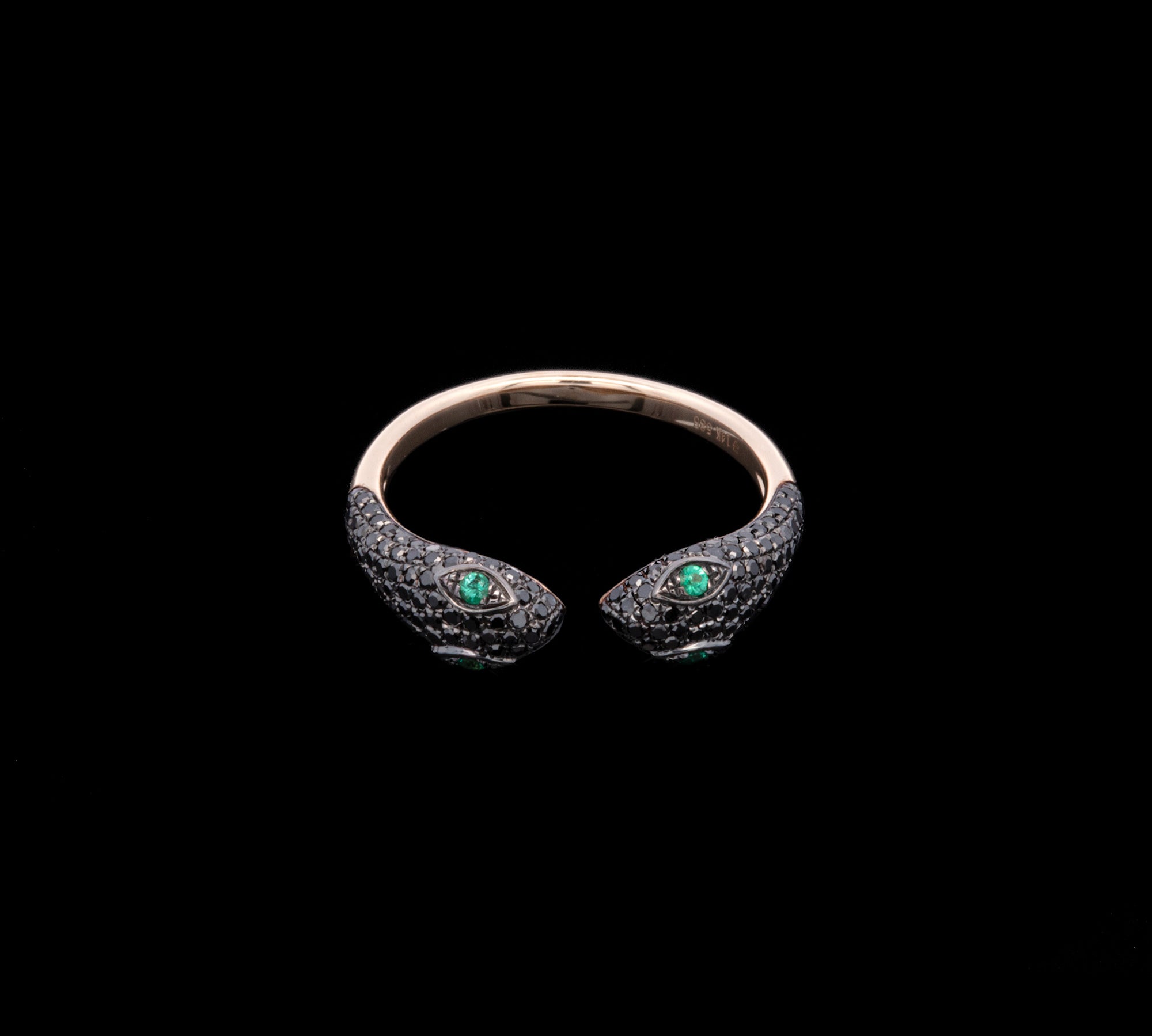 14K Yellow Gold Pave Black Diamond and Emerald Snake Ring