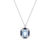 18K White Gold Aquamarine, Sapphire And Diamond Pendant With 16 Inch Chain