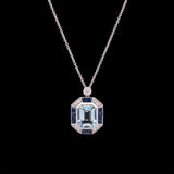 18K White Gold Aquamarine, Sapphire And Diamond Pendant With 16 Inch Chain