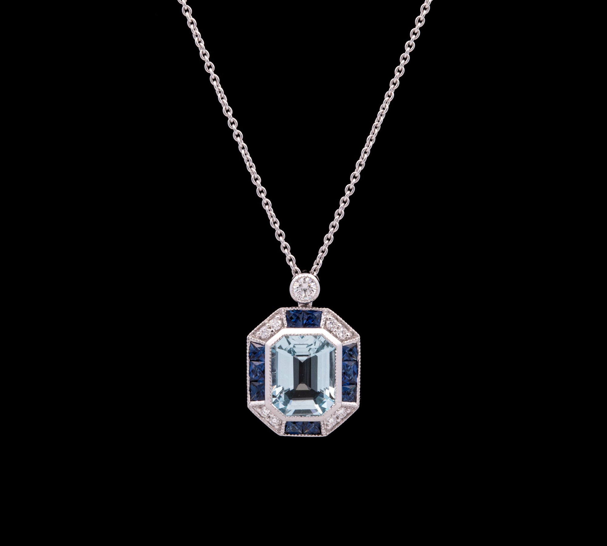 18K White Gold Aquamarine, Sapphire And Diamond Pendant With 16 Inch Chain